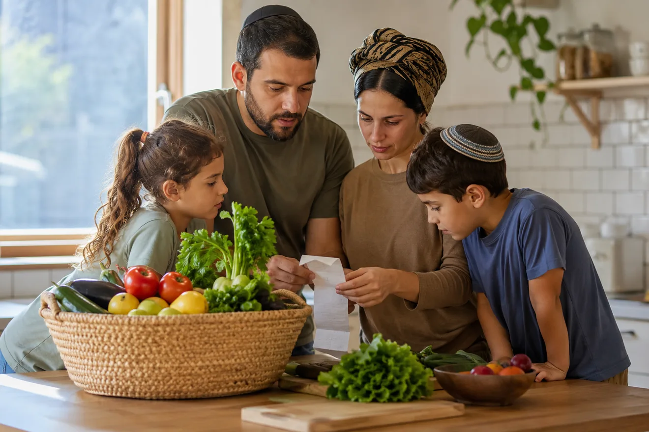 משפחה ישראלית בודקת קבלה מהסופר וסל קניות מלא ירקות ופירות