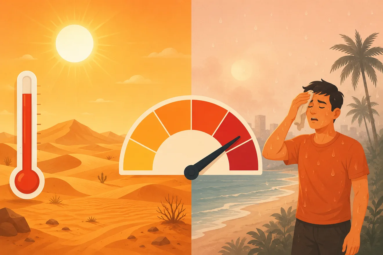 איור של מדחום המשווה בין חום יבש במדבר לחום לח בחוף הים