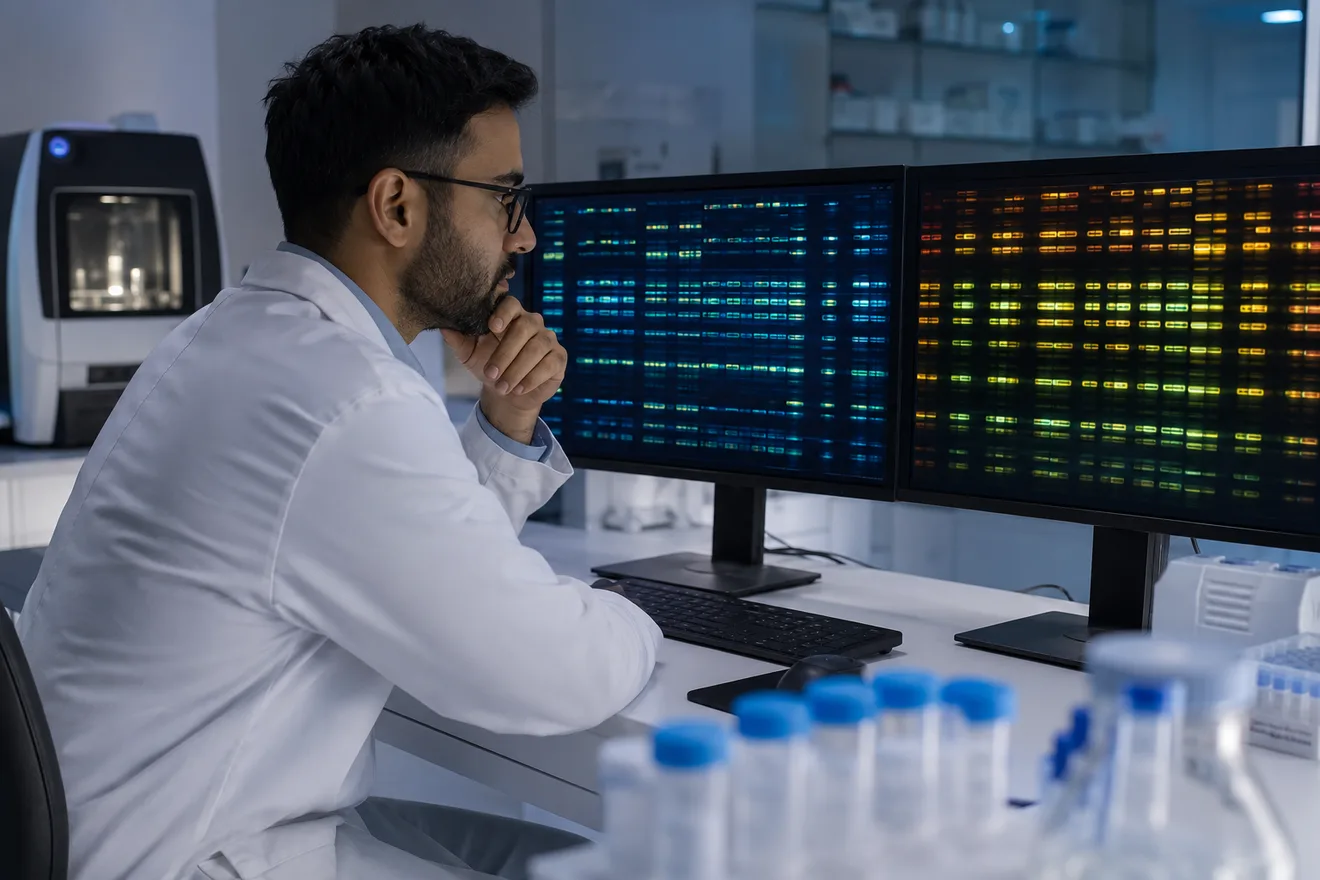 מדענית בוחנת רצף DNA על מסך במעבדה, השוואה גנטית בין גידול לרקמה בריאה