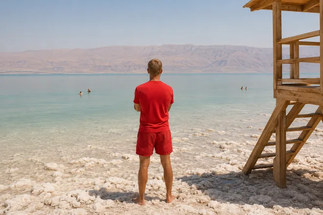 מציל משגיח על מתרחצים בחוף ים המלח עם גבישי מלח לבנים על קו המים