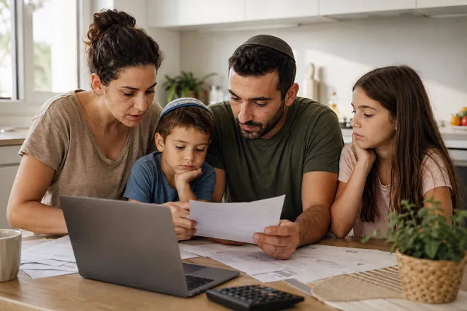 משפחה ישראלית בודקת את החזר המשכנתא החודשי אחרי הורדת הריבית