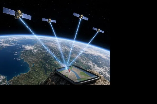לווייני GPS משדרים אותות מיקום לטלפון נייד עם ניווט פעיל