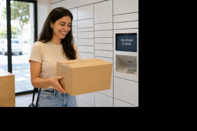 אישה מחייכת אוספת חבילה מלוקר בנקודת איסוף אוטומטית
