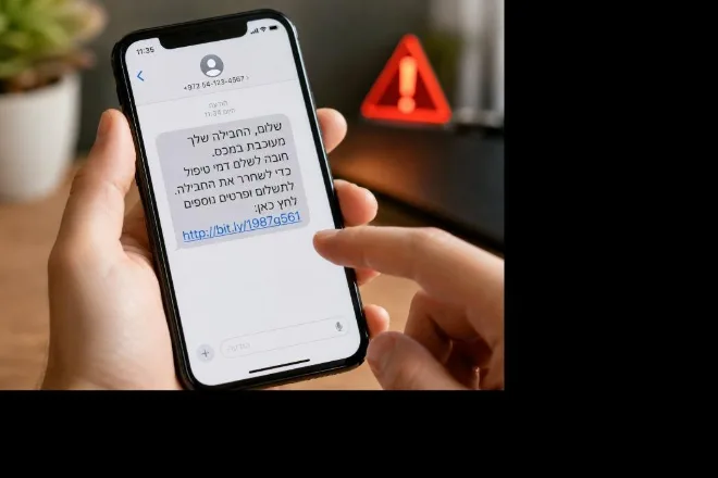 הודעת טקסט חשודה עם קישור מזויף שדורש תשלום מיידי לשחרור חבילה