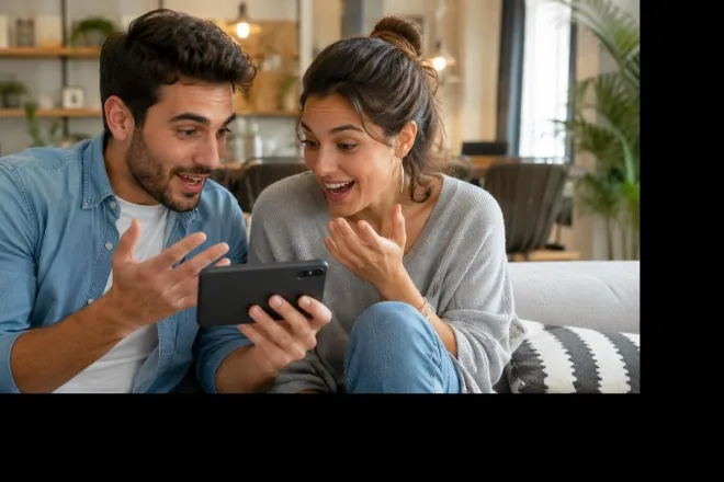 זוג נרגש ומחייך צופה בסדרה יחד, שיחה חברתית סביב סדרות