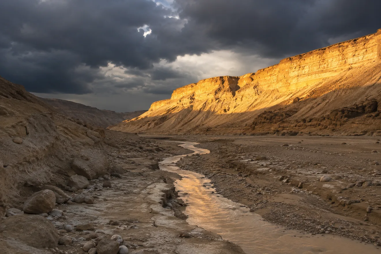 תא סערה מעל מדבר יהודה, עמודי גשם נראים באופק מעל גבעות צהובות בזמן שהשמש עדיין זורחת מהצד