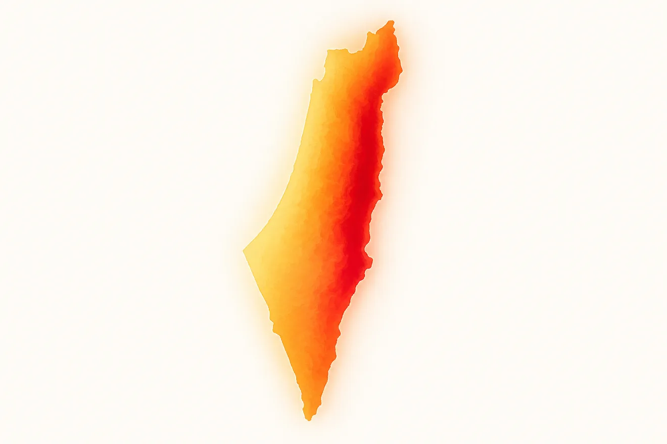 מפת ישראל בגווני חום המסמנת אזורי אזהרה אדומה של עומס חום קיצוני בבקעת הירדן ובאזור הכינרת