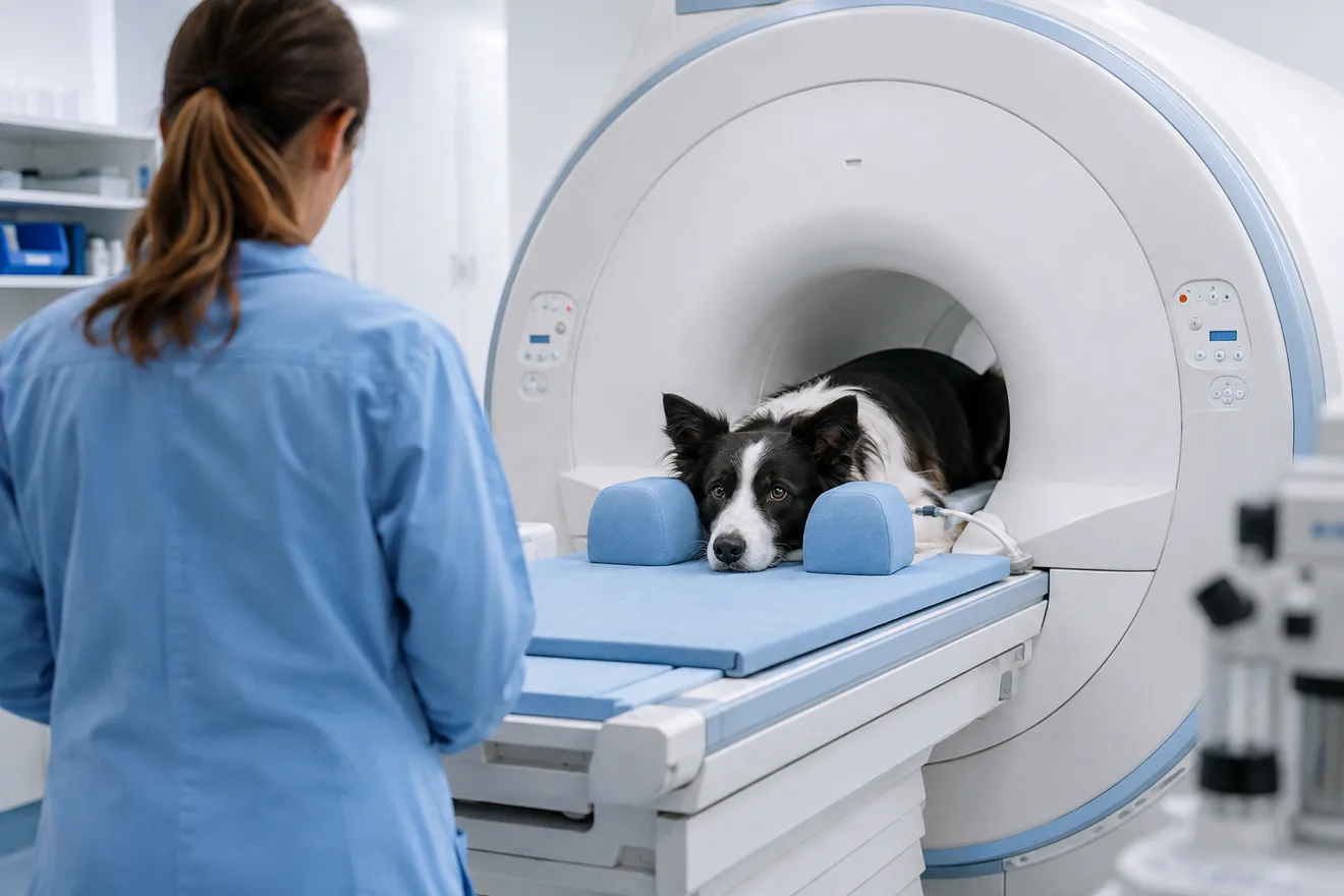 כלב שוכב ער בתוך סורק MRI במעבדת מחקר, המחשה לשיטת המחקר