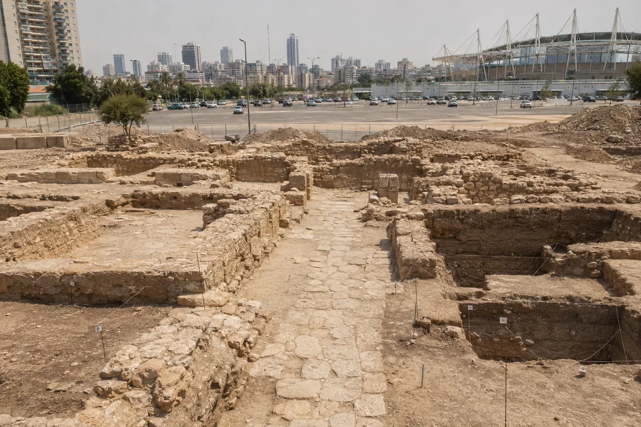 מבט מלמעלה על רשת רחובות ישרים ומצטלבים באתר החפירה, שמעידה על תכנון מוקדם