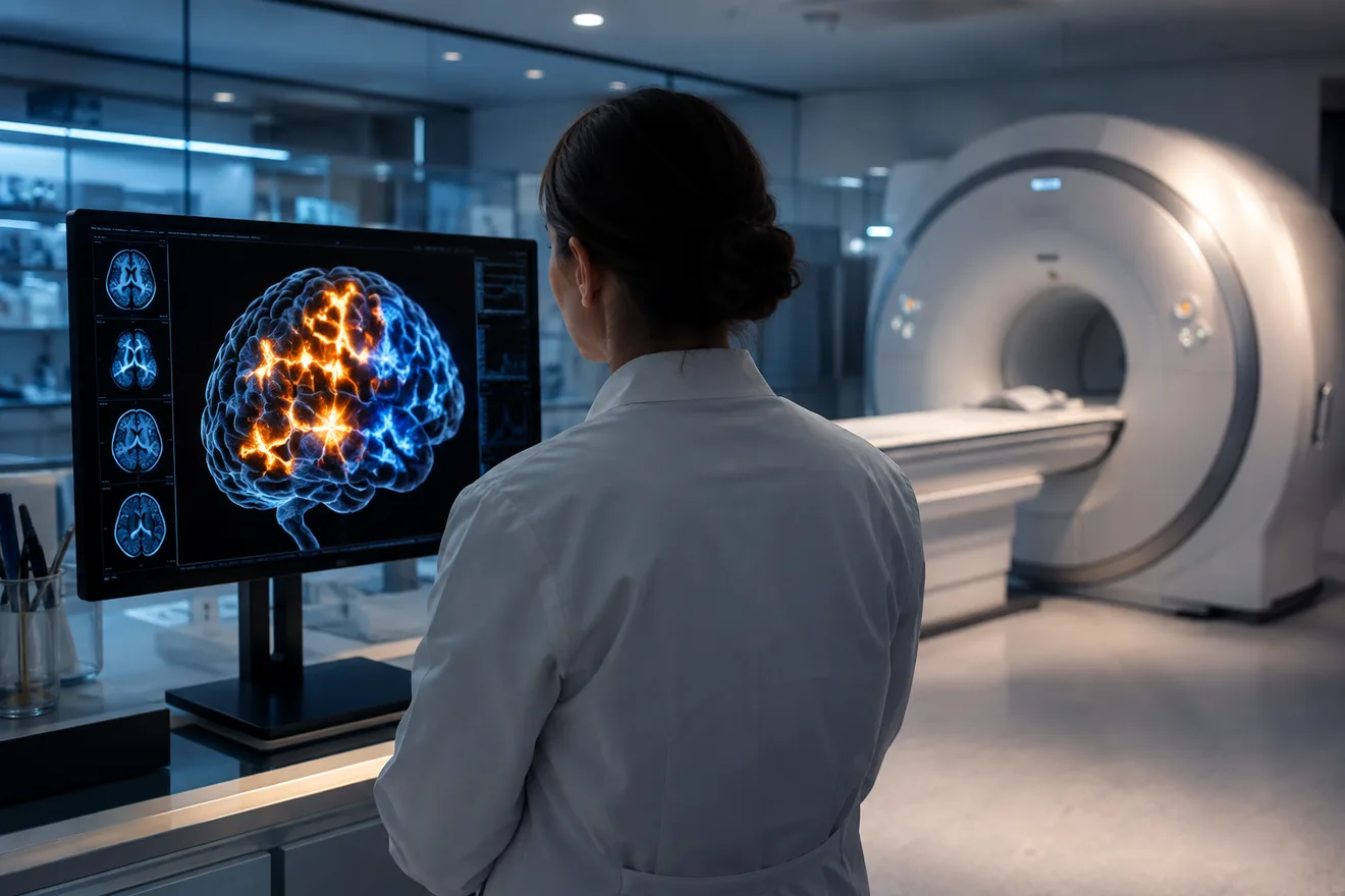 המחשה של סורק MRI במעבדה עם מסך שמציג פעילות מוחית בזמן האזנה למוזיקה