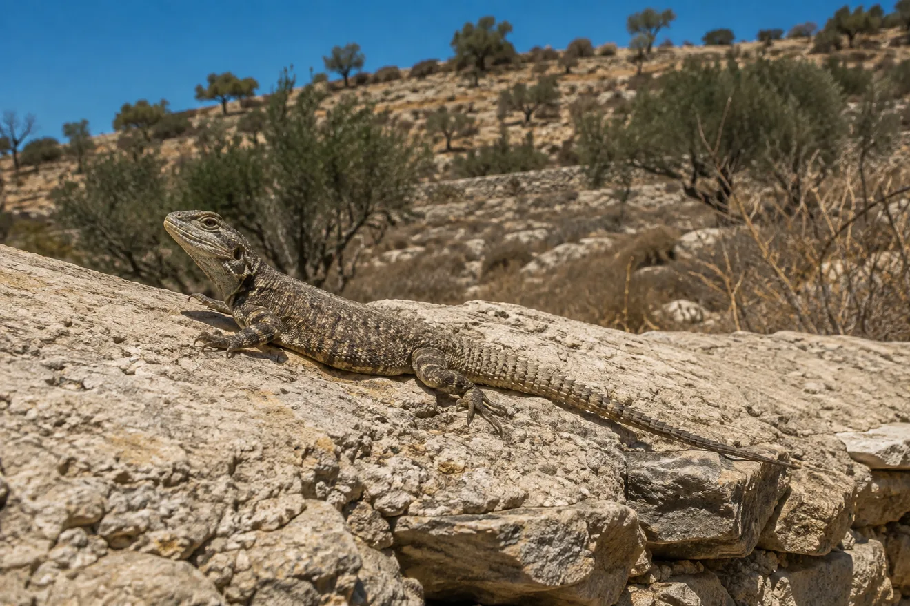 חרדון מצוי מתחמם על גדר אבן בנוף ים תיכוני בישראל, המחשה לבן משפחת החרדוניים שחי בארץ