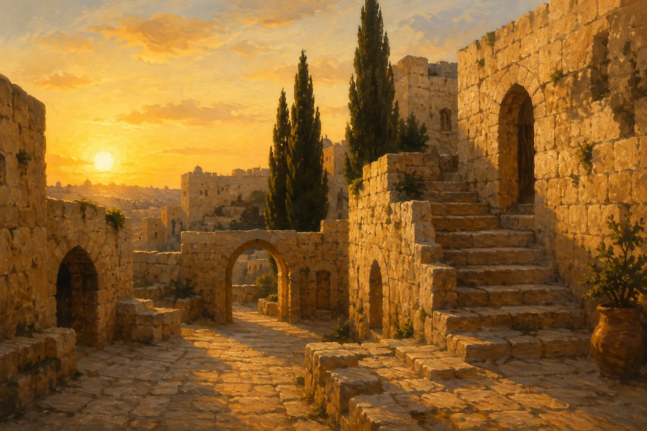 איור המחשה של חצר אבן ירושלמית עתיקה, בתקופה שבה תקעו בשופר גם בשבת